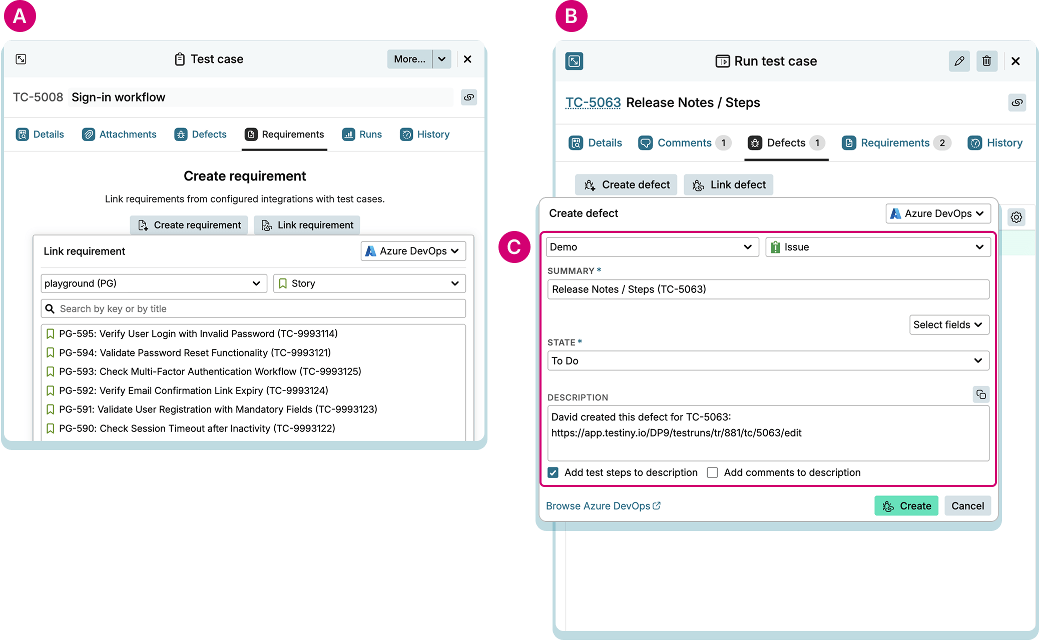 Azure DevOps add-on — Create or link issues from within Testiny